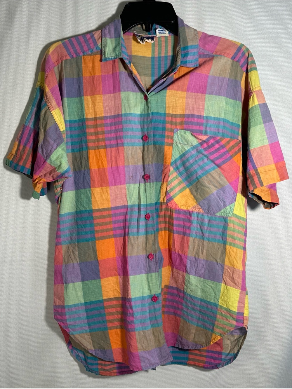 Women's Vintage 80’s Multicolor Plaid Short-Sleeve Button-Down Shirt